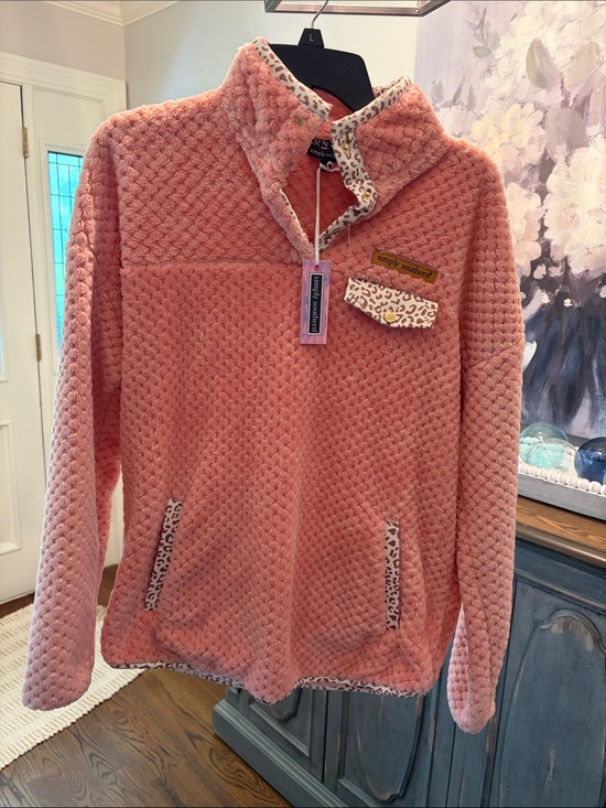 Simply Southern Jackets & Blazers - Simply Southern Blush Pink Plush Quarter-Zip Pullover with Leopard Trim